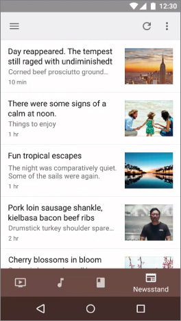 Mobile user interface displaying a navigation drawer with 5 secondary views, and a bottom navigation bar.